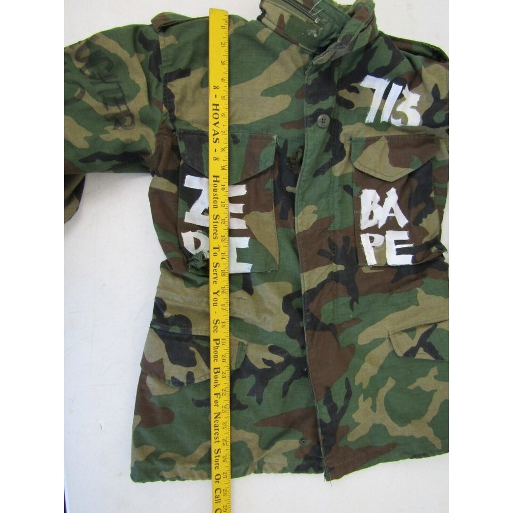 VTG 80s Military Camo Coat Field Jacket Hoodie M65 Woodland Punk Cargo Mens XS - Picture 13 of 14